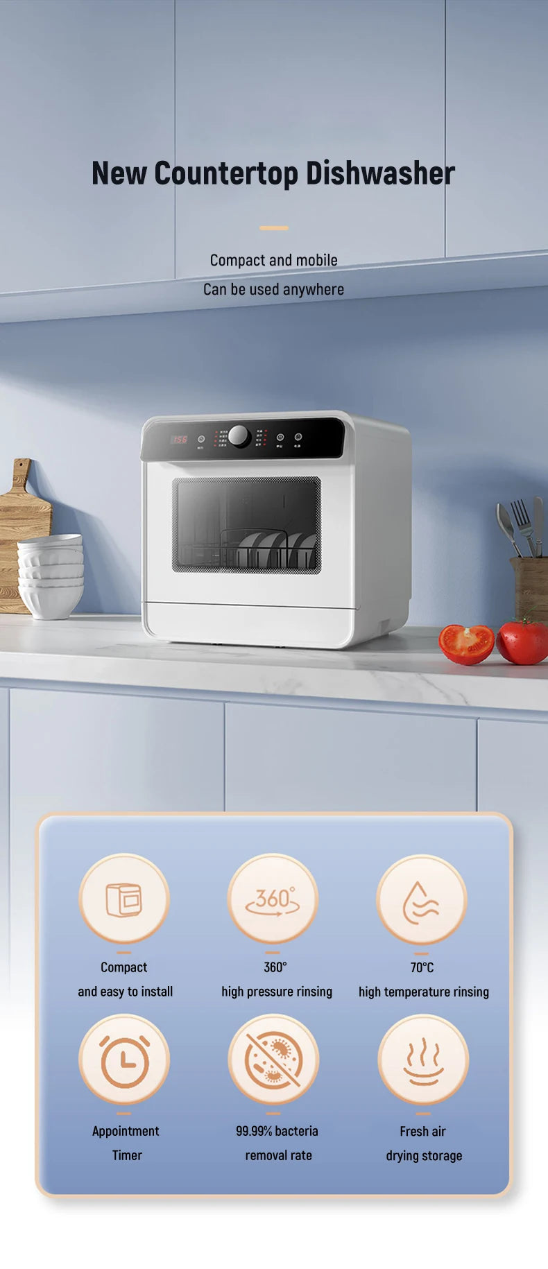 Tabletop Dishwasher Machine Automatic Stainless Steel Countertop  Portable Smart Mini Dishwashers  for Home