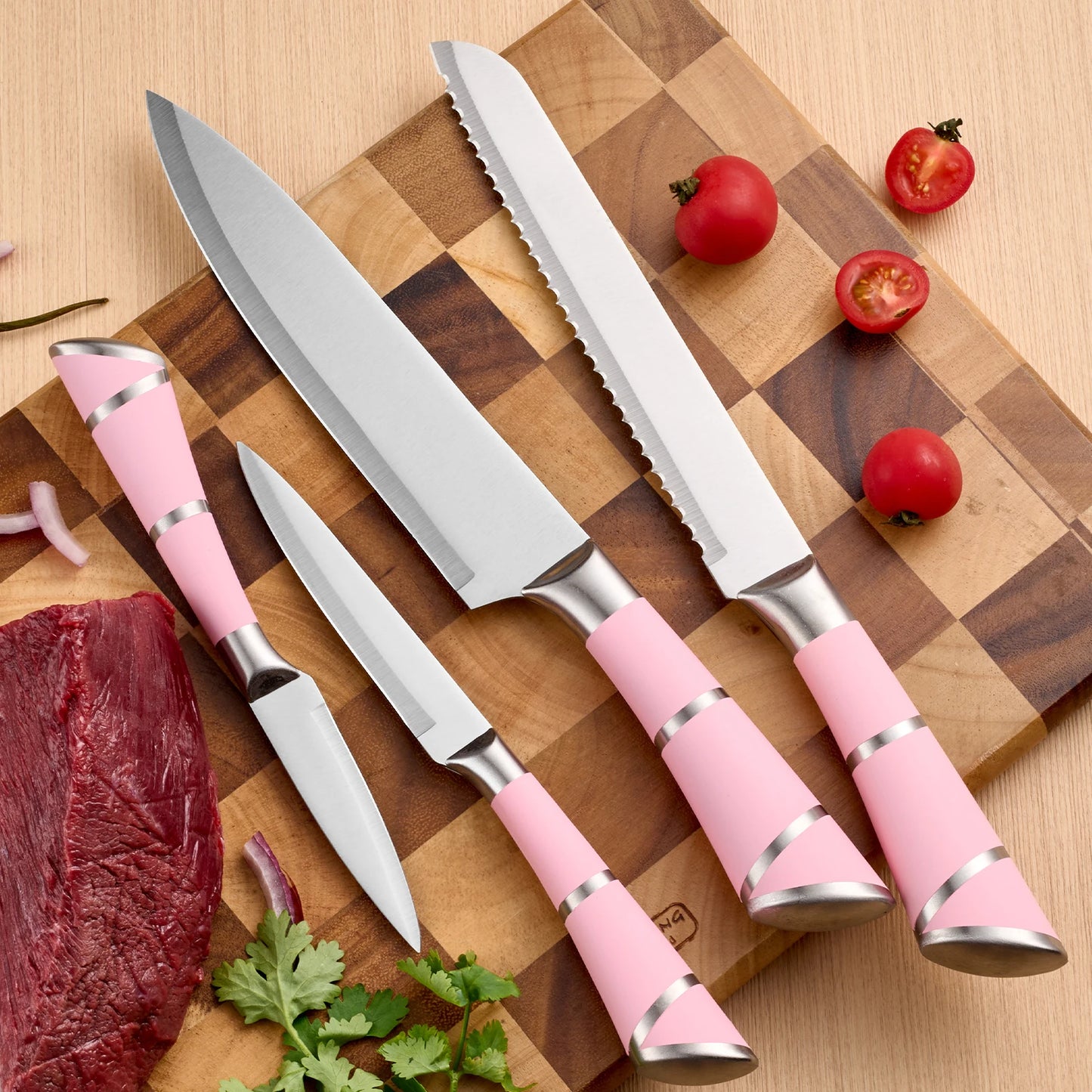 9-Piece Set Stainless Steel Kitchen Knives - with Storage Rack - Ultra-sharp Chef's Knife for Home Cooking Essentials Pink/White