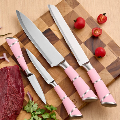 9-Piece Set Stainless Steel Kitchen Knives - with Storage Rack - Ultra-sharp Chef's Knife for Home Cooking Essentials Pink/White