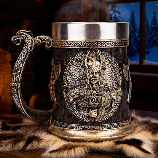 Norse Mythology Odin Thor Mug Tankard 304 Stainless Steel Resin 3D Retro Beer Stein Birthday God of War Lover Gift 600ml 20 oz