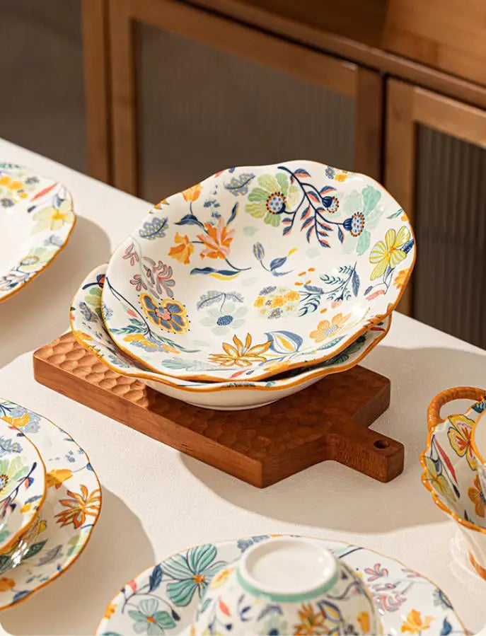 LingAo-Japanese Country Style Ceramic Tableware Set of Plates and Bowls with Underglaze Colors