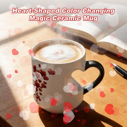 Heat Sensitive Color Changing Magic Mug with Romantic Heart Handle Cute Gift for Birthday Anniversary Valentine's Day Coffee Cup