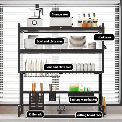 Over The Sink Dish Drying Rack,3 Tier Adjustable Length Full Stainless Steel Large Storage Kitchen Dish Rack,For Kitchen Counter Expandable Multifunctional Organizers