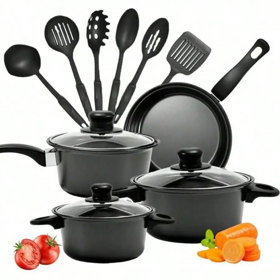 13Pc Nonstick Cookware Set, Induction Pots and Pans with Cooking Utensils, Black Kitchen Set for Home Camping, Thanksgiving Gift