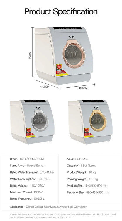 Q8-Max Household Free-installation Mini Dish Washing Portable Automatic  Freestanding Electronic Dishwasher Machine Home 8 Sets