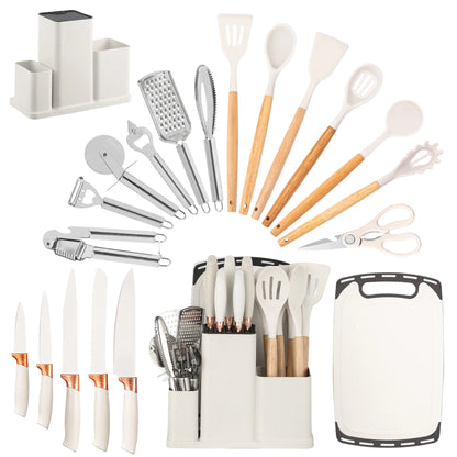 19Pcs Kitchen Utensils Set with Knife & Cutting Board, Silicone Cooking Tools with Storage Holder