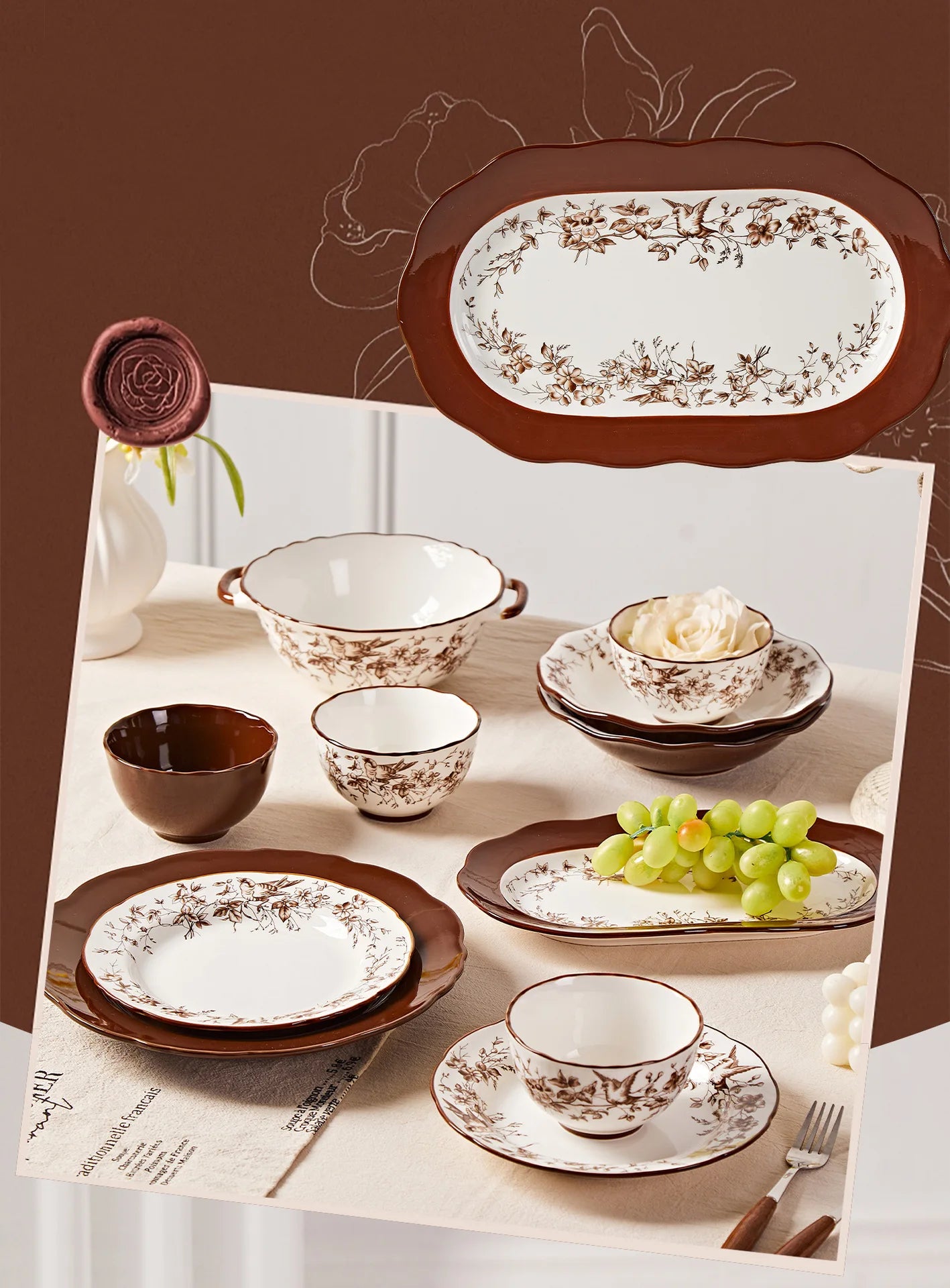 Retro Rose Household Anti-Slip full travel dish set is very luxurious luxury bowl kitchen dinner sets ceramic plates porcelain