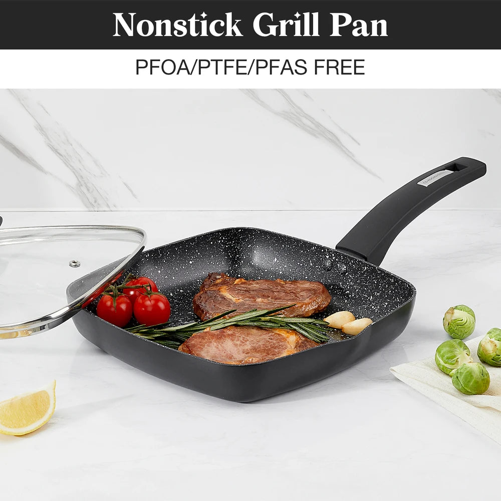 KOCH SYSTEME CS 10 Inch Nonstick Grill Pan for Stove Tops, Nonstick Skillet with Bakelite Handle, Square Grill Skillet with Lid