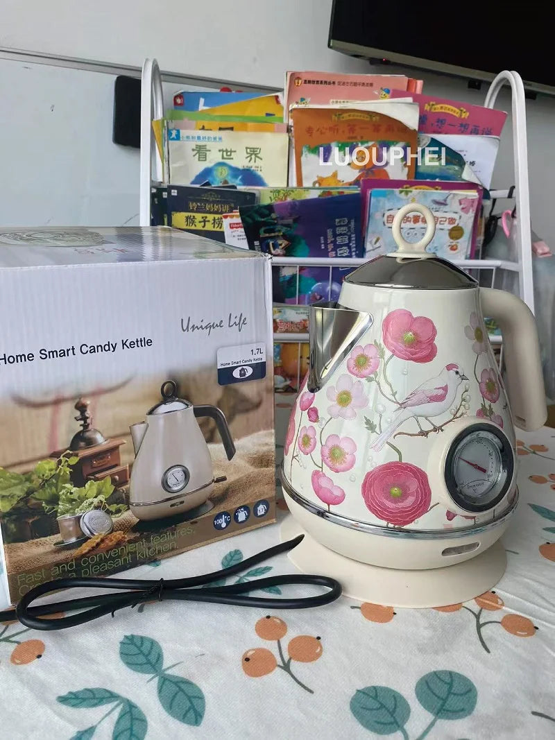1.7L Retro Electrc Kettle Home With Temperature Display Boiling Water Auto Power Off 304 Stainless Steel Teapot Kitchen Tools