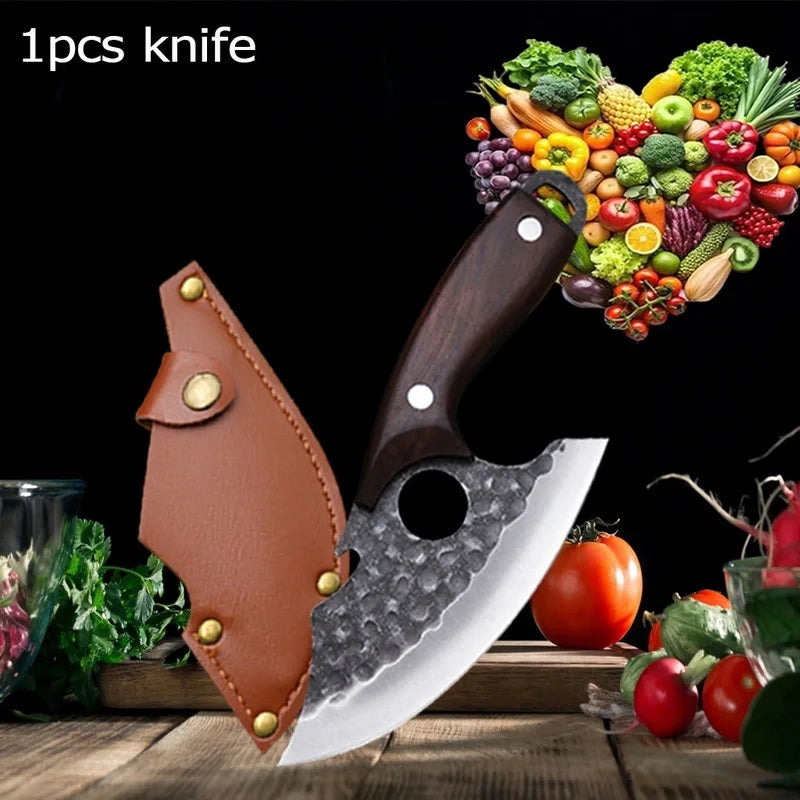 WXCOO 1~4pcs Kitchen Knife Set Stainless Steel Handmade Forged Meat Cleaver Boning Fruit Slicing Butcher Knife Cutting Board