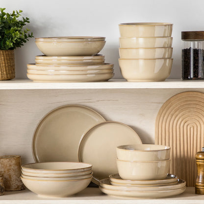 vancasso 12/16/18/24 Piece Light-Brow Reactive Glaze Stoneware Plates Set Dinnerware Sets with 4/6 pcs Dinner Plate/Dessert/Bowl