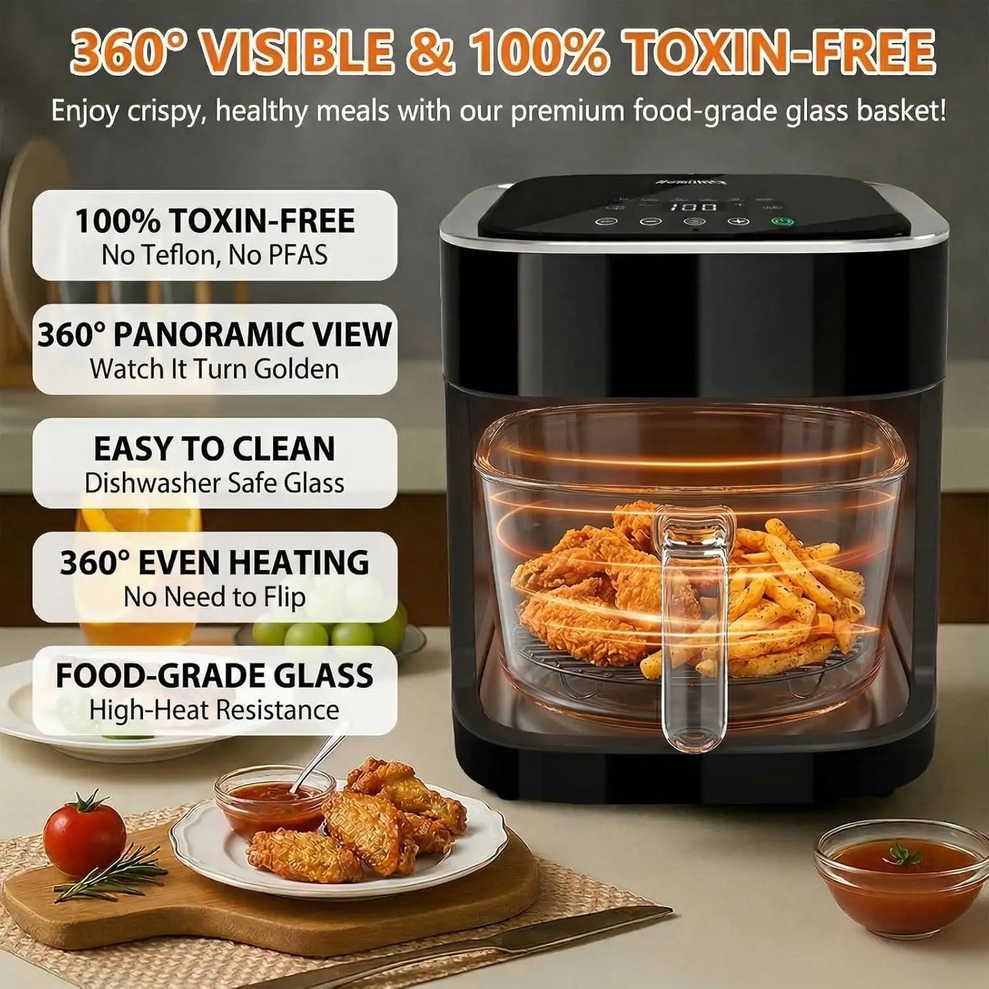 4.5 Qt Glass Air Fryer, Borosilicate Basket, Stainless Steel Tray, 8 Presets, Black