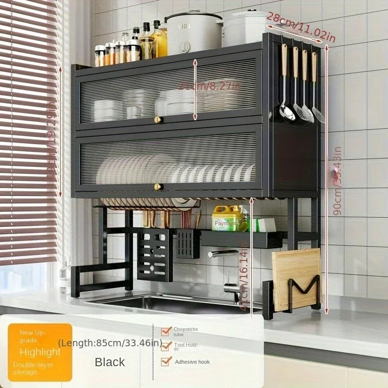 Dish Rack Kitchen Carbon Steel Over Sink Organizer Dustproof Multi Compartment Easy Mount Sink Storage Space