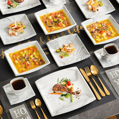 30PCS Marble Grey Porcelain Tableware Dinnerware Set with 6PCS Dessert/Soup/Dinner Plate/Cup/Saucer,Plates and Bowls Sets,FLORA
