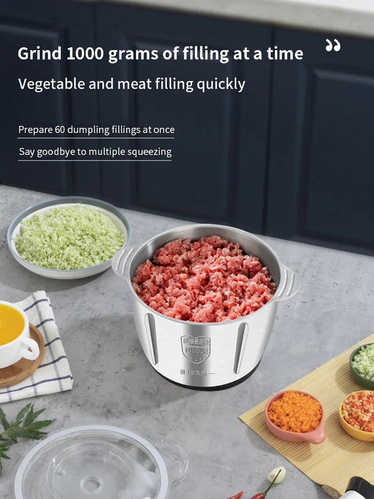 Electric Meat Grinder 2L Beef Meat Crusher 304 Stainless Steel Multi-Function Vegetable Slicer Food Chopper Kitchen Supplies