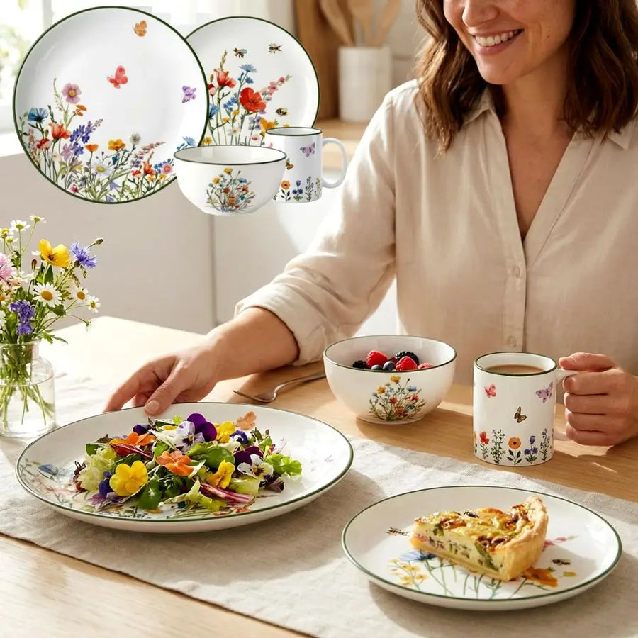 16 Pcs Wildflower Ceramic Dinnerware Set for 4 Guest Floral Dish Set Spring Butterfly Dinner Plates Salad Plates Bowl Mug Kitche