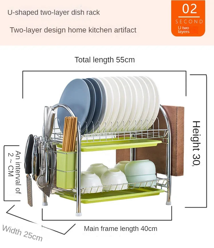 Dish Drying Rack Kitchen Adjustable Stainless Steel 2 Tier Plates Organizer Dish Bowl Drainer Storage Rack Kitchen Utensils