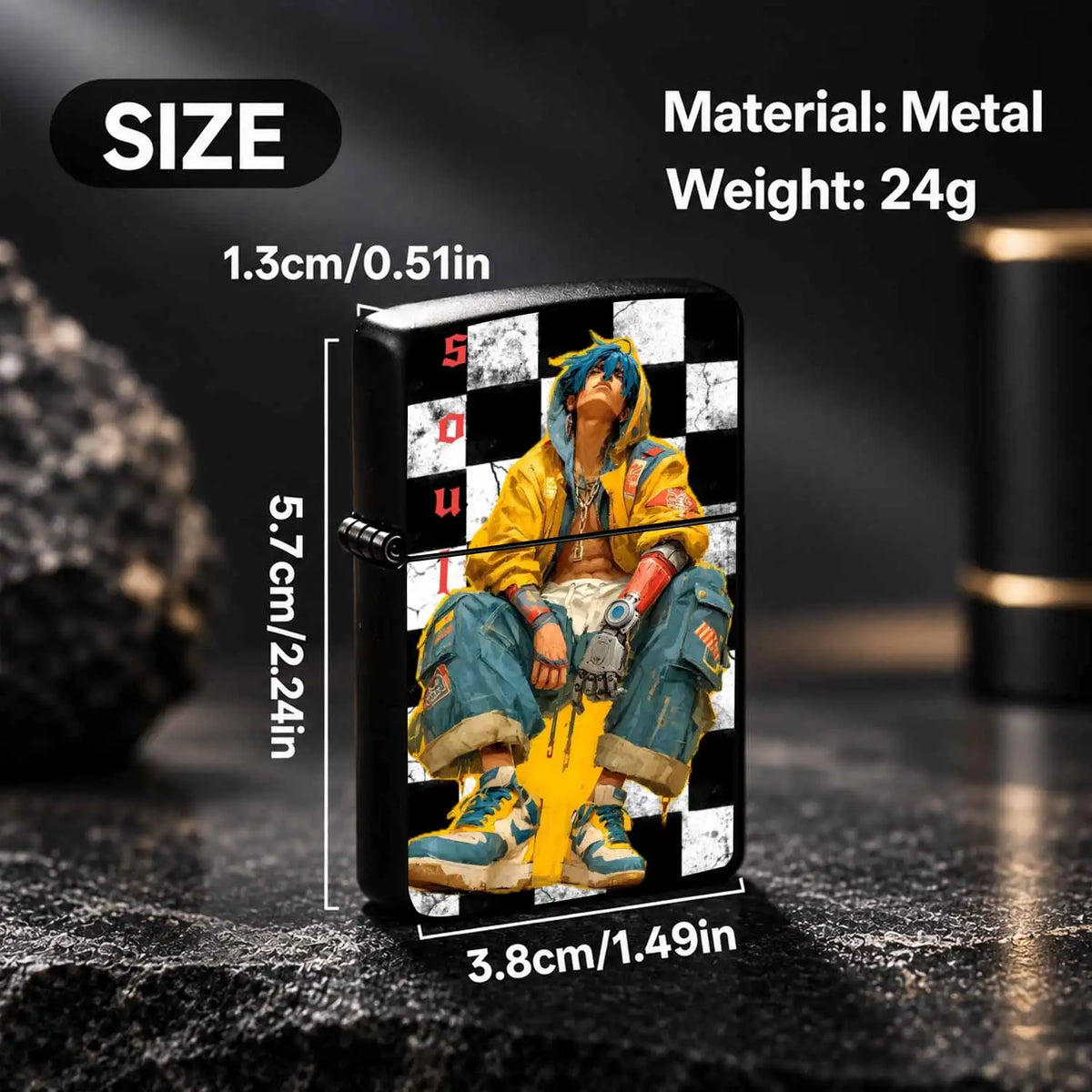 Stylish Cyber Blue-Haired Mechanical Themed Lighter, Black White Checkerboard Art Print Decor, Portable Ignition Tool For Camping Hiking Daily Gathering, Creative Unique Trendy Gift For Friends And Hobbyists, Versatile Practi