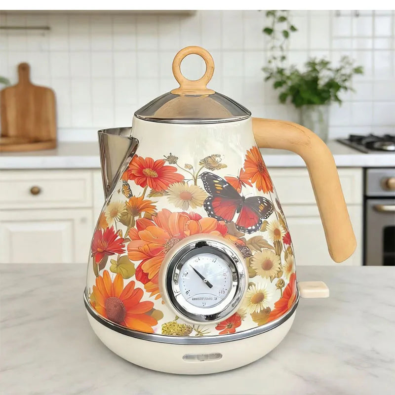 Light Luxury Cream White Floral Deca Kettle Retro Floral Butterfly Electric Kettle Temperature Display Boil Dry Protection 1.7L
