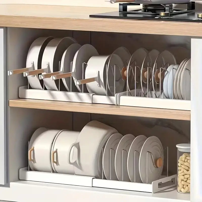 ABS Expandable Pot and Pan Organizer Rack Adjustable Kitchen Cabinet Cookware Storage Holder with Dividers for Pot Lids Baking Pans Under Sink Drawer Space Saver Home Pantry Accessories