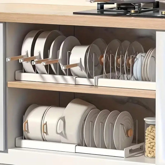 ABS Expandable Pot and Pan Organizer Rack Adjustable Kitchen Cabinet Cookware Storage Holder with Dividers for Pot Lids Baking Pans Under Sink Drawer Space Saver Home Pantry Accessories