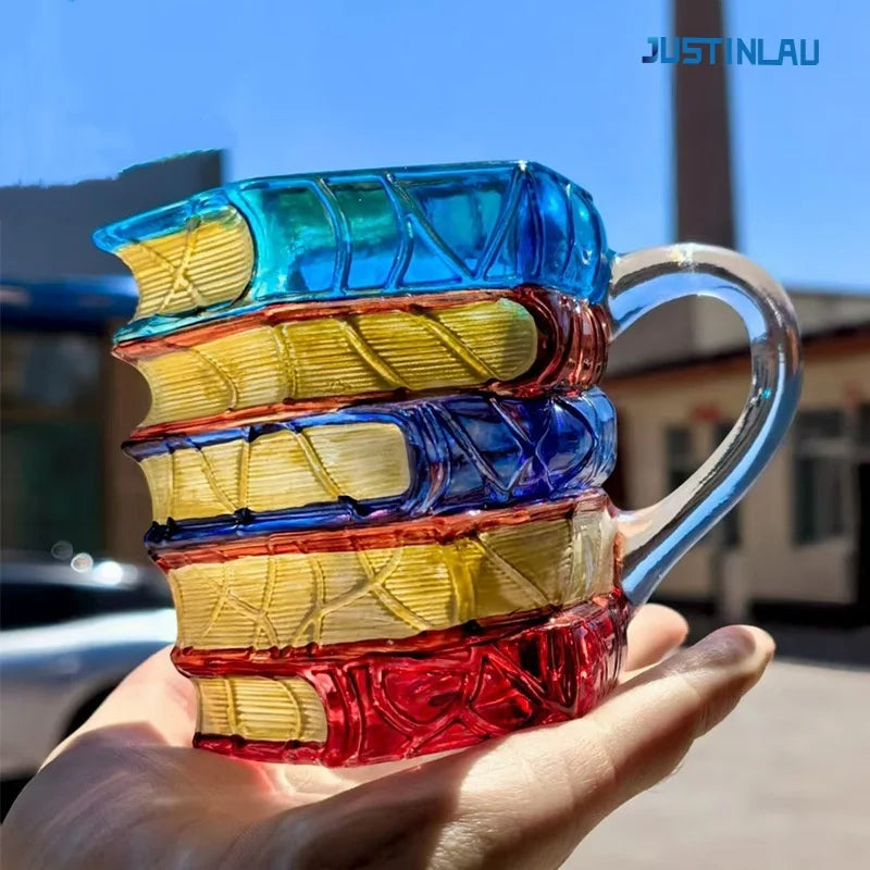 JUSTINLAU Irregular Painted Book Mug Coffee Cup High Borosilicate Glass Drinking Cup with Handle Book Cup Beer Mug Breakfast Cup