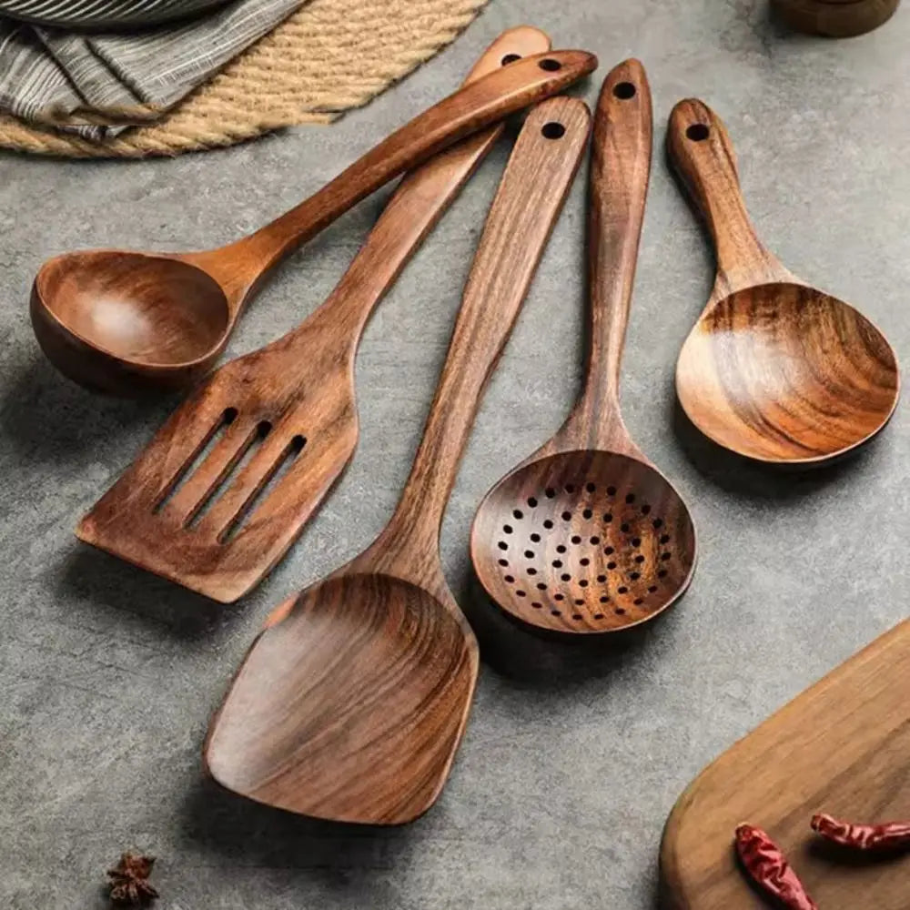 4-8pcs Wooden Cooking Spoon with Storage Bucket Durable Kitchen Utensils Set Natural Material Unbreakable Kitchen Shovel Set