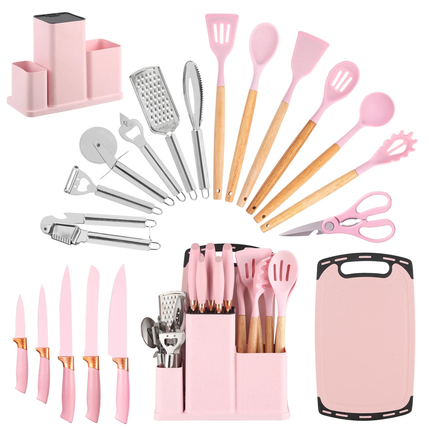 19Pcs Kitchen Utensils Set with Knife & Cutting Board, Silicone Cooking Tools with Storage Holder