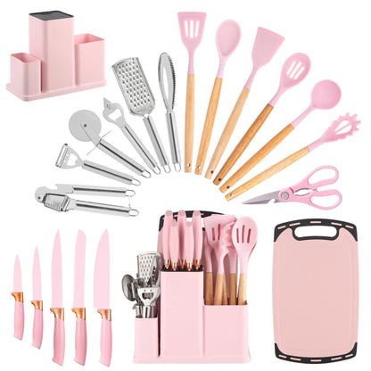 19Pcs Kitchen Utensils Set with Knife & Cutting Board, Silicone Cooking Tools with Storage Holder