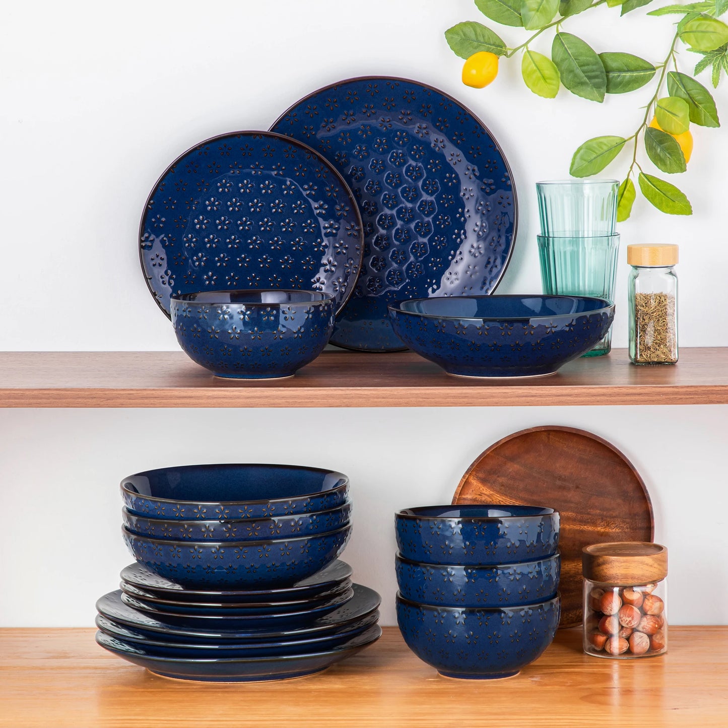MALACASA LYDIA 16/32 Piece Blue Stoneware Plates Dinner Set Embossment Dinnerware with 6pcs Dinner plate/Dessert/Soup/Bowl