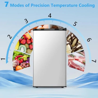 Dorm fridge with freezer: 3.2 cu.ft silver compact refrigerator for bedroom, office, kitchen, dorm; reversible door, adjustable