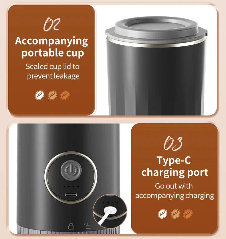 2-in-1 Wireless Portable Coffee Machine – Grind Beans & Hand Brew Anywhere for Camping & Outdoor Adventures