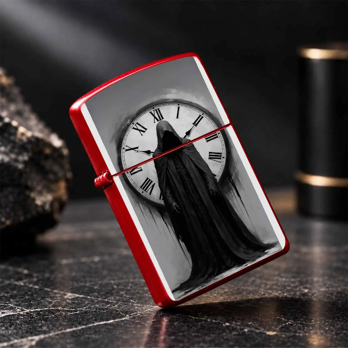 Portable Ignition Accessory With Dark Gothic Faceless Time Keeper Print, Retro Roman Numeral Clock Themed Unique Decor, Stylish Practical Collectible Gift For Daily Use, Gatherings And Creative Display For Art Lovers A Humoro