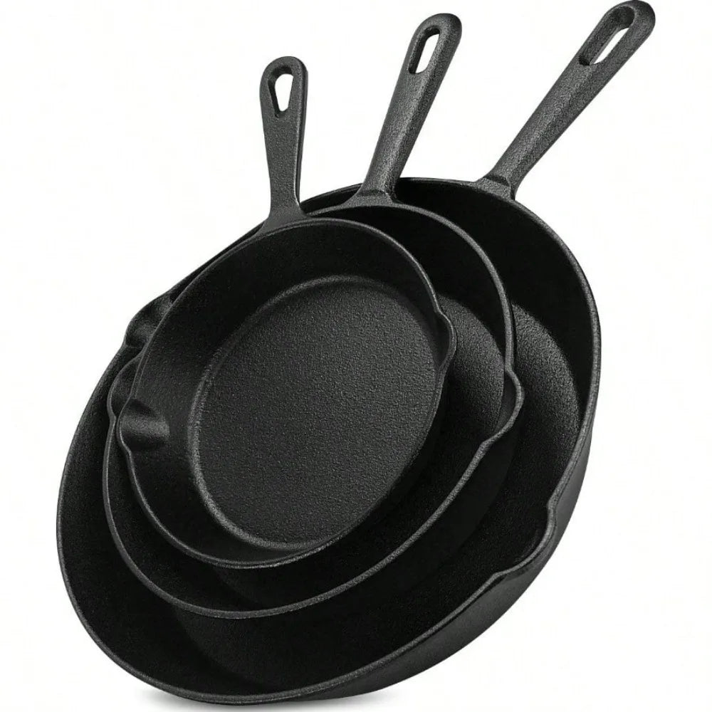 3-Piece Cast Iron Skillet Set – Pre-Seasoned Chefs Pans for Oven, Stove, Grill, or Campfire, Black