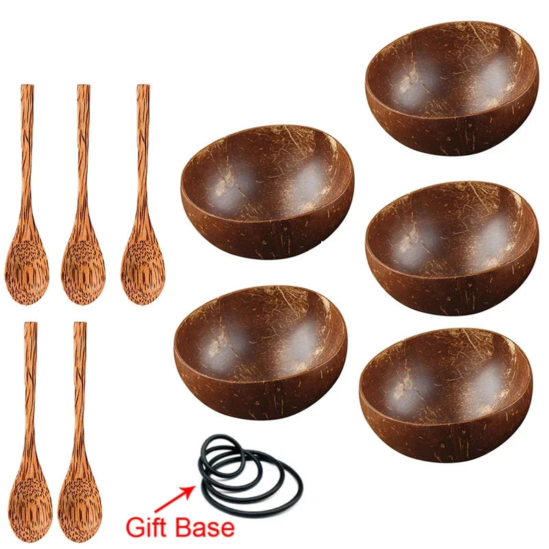 12-15cm  Natural Coconut Bowl set wooden Salad Ramen bowl Coconut Wood Spoon Set coco smoothie Kitchen tableware Coconut bowl