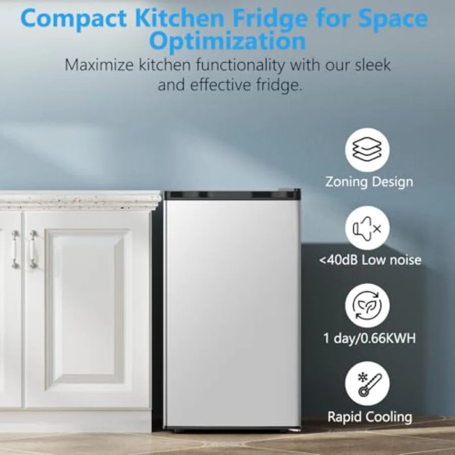 Dorm fridge with freezer: 3.2 cu.ft silver compact refrigerator for bedroom, office, kitchen, dorm; reversible door, adjustable