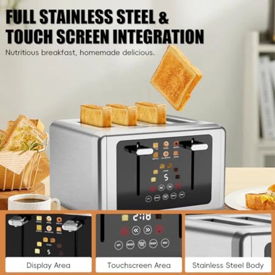 4-Slice Smart Toaster with Touchscreen and Extra-Wide Slots Dual Independent Control 6 Browning Levels 6 Bread Types Memory Fun