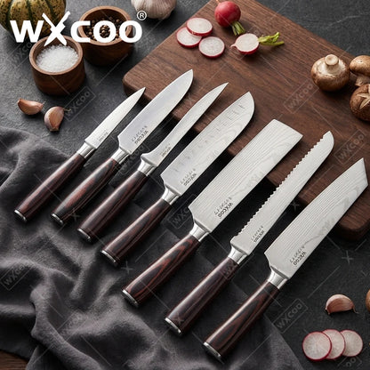 WXCOO Santoku Butcher Carving Knife Japanese Kitchen Knives High Carbon Steel Knife Set Fruit Bread Meat Cleaver Boning Knife