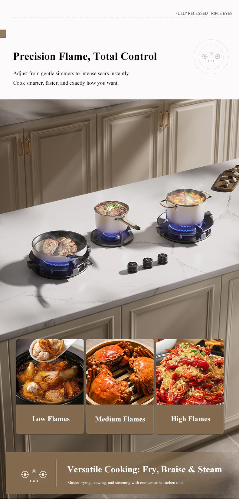 Premium Built-in Gas Cooktop 3-Burner 5.2KW Copper Flame Failure Protection Panel-Ready for Custom Kitchen