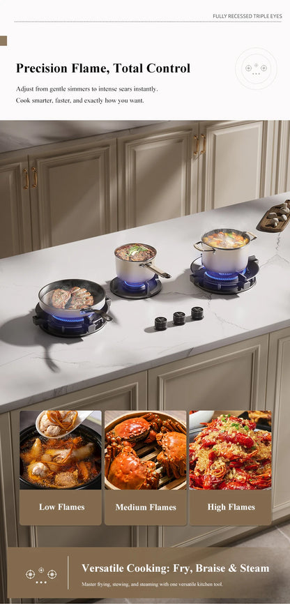 Premium Built-in Gas Cooktop 3-Burner 5.2KW Copper Flame Failure Protection Panel-Ready for Custom Kitchen