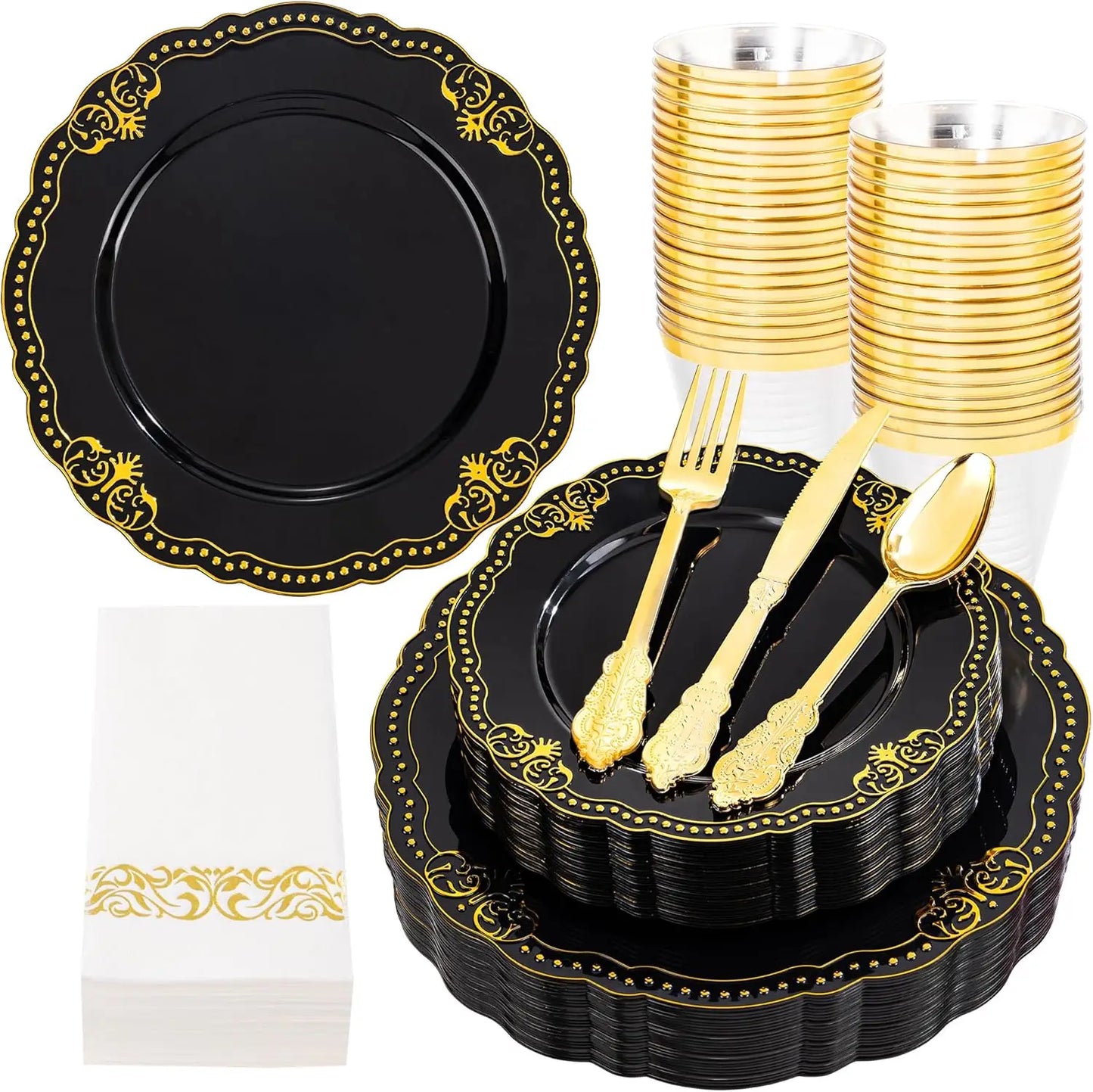 175 PCS Black and Gold Plastic Plates - Black Disposable Dinnerware Set with 50 Plates, 25 Knives, 25 Forks, 25 Spoons, 25 Cu