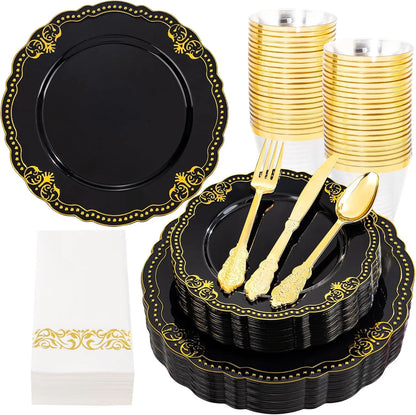 175 PCS Black and Gold Plastic Plates - Black Disposable Dinnerware Set with 50 Plates, 25 Knives, 25 Forks, 25 Spoons, 25 Cu