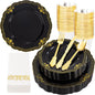 175 PCS Black and Gold Plastic Plates - Black Disposable Dinnerware Set with 50 Plates, 25 Knives, 25 Forks, 25 Spoons, 25 Cu