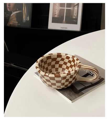 Checkerboard Shape Mug, Korean Retro Ceramic Coffee Mug, Office Latte Mug, Holiday Gift,Home Use Simple Water Cup