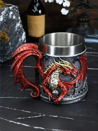 Western Monster Dragon Mark Coffee Cup, Stainless Steel Dragon Statue Water Cup, 3D Castle Guardian Dragon Beer Cup
