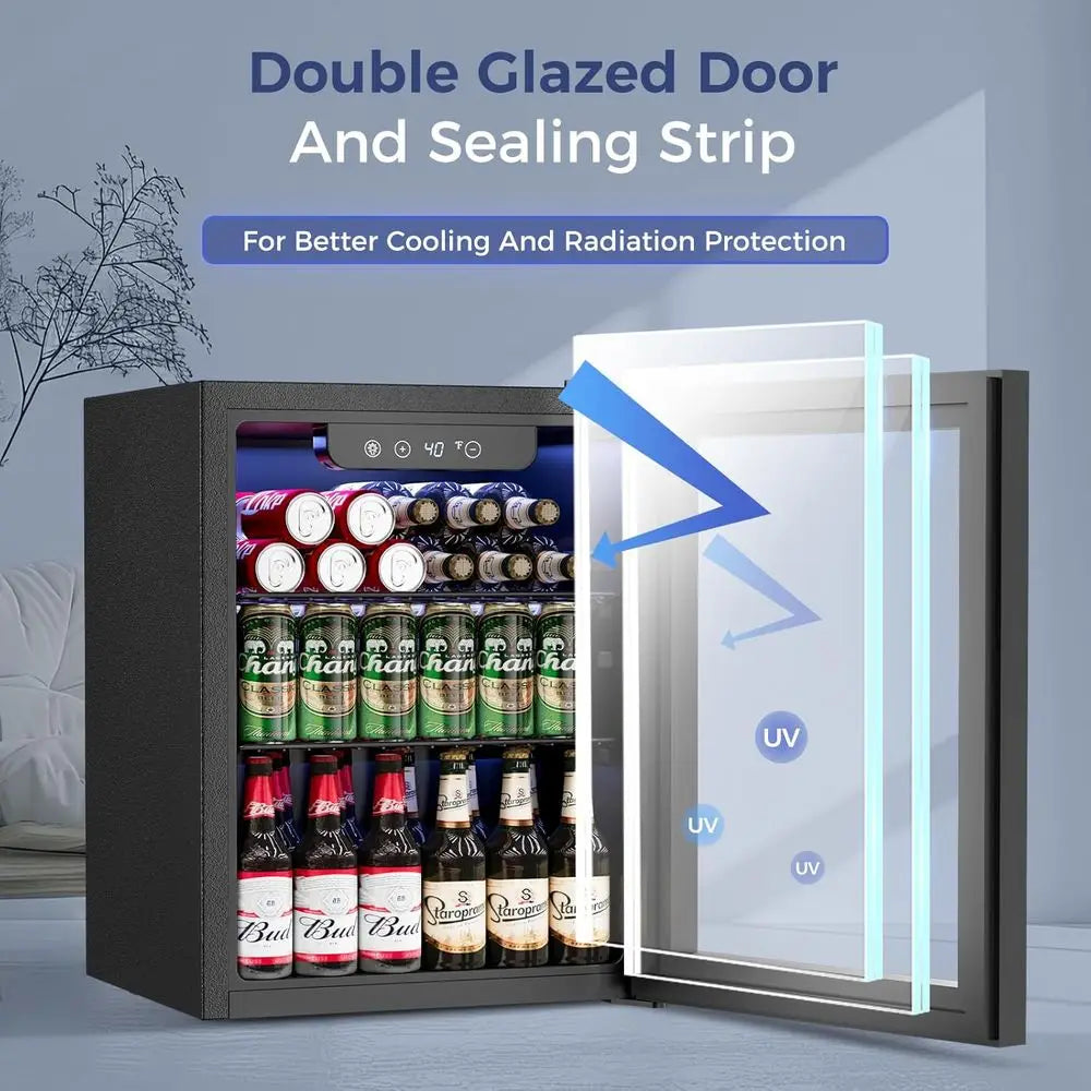 68-Can Capacity Mini Fridge with Glass Door for Beverages, Ideal for Home, Office, or Dorm, Black