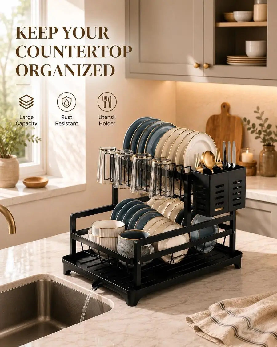 Dish Drying Rack - Kitchen Orangizer/Kitchen Essentials/Home Accesssories/Stainless SteelPerfect For Small Apartment Kitchen, Compact Dish Drying Rack With Large Capacity Storage, Countertop Organizer With Plate Rack, Cup Hol