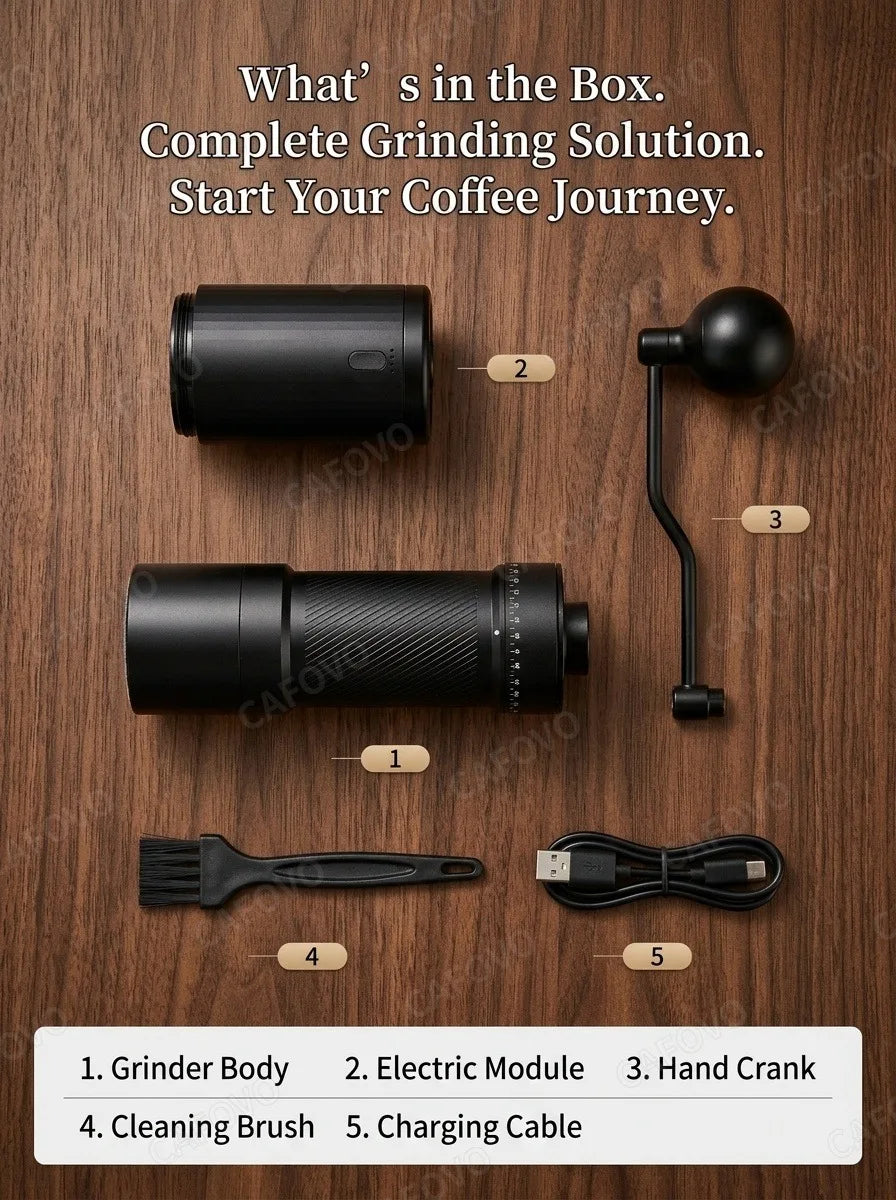 CAFOVO MG138C Coffee Grinder Electric & Manual Set 10-Star Titanium Plating Conical Burr 60-Step Precision for Espresso Travel