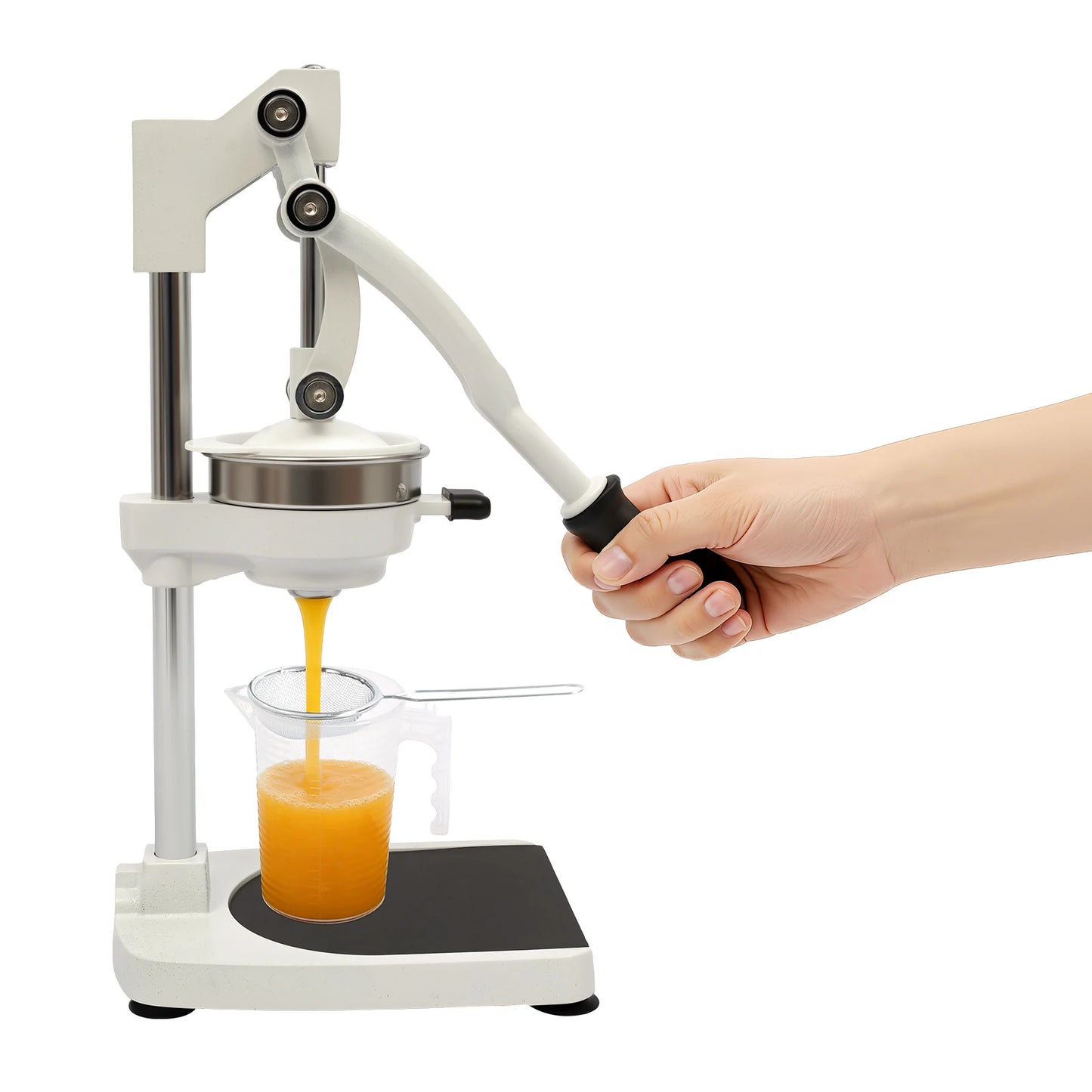 Manual Juicer – 304 Stainless Steel + Aluminum Alloy – Dual Press Heads (Pointed & Flat) – Rotating Gravity Rod – 500ml Measuring Cup – 40mm Base – Suction Cups – for Orange Lemon Pomegranate