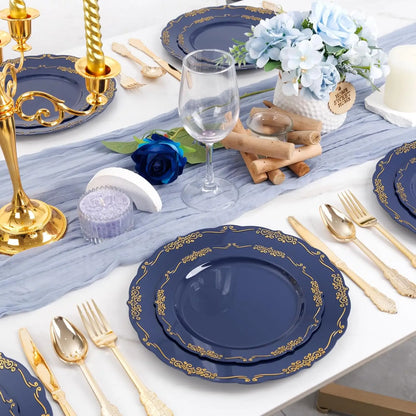 150Pcs Blue Plastic Plates Heavy Duty Navy Blue Disposable Plates with Gold Plastic Silverware include 30 Dinner Plate,30 Des